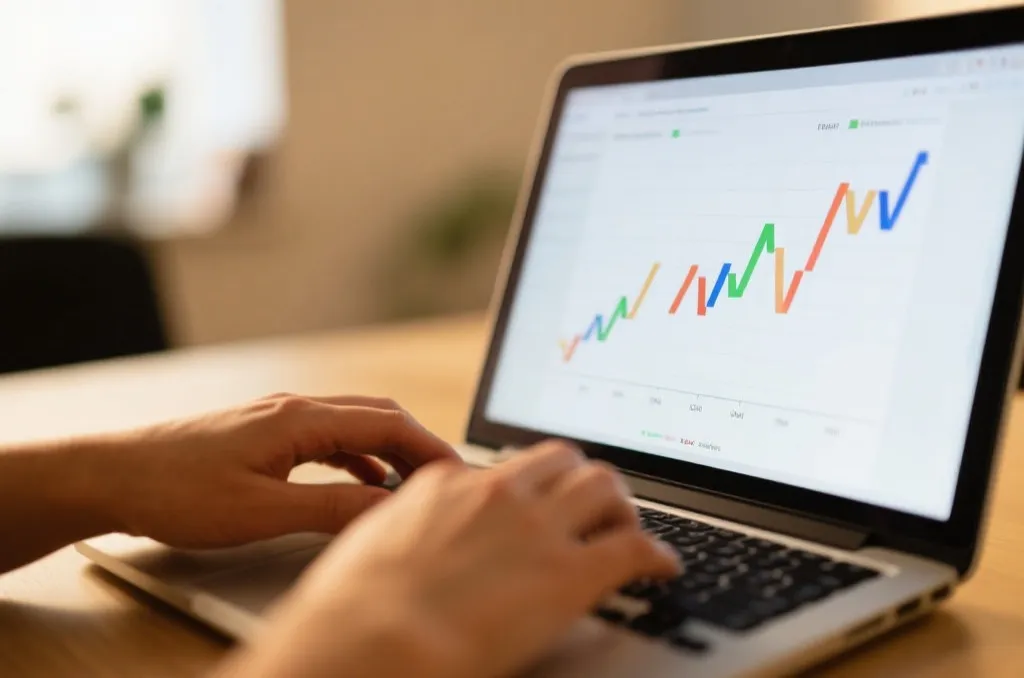 Close-up of a laptop screen displaying trend lines and data analysis graphs on a desk